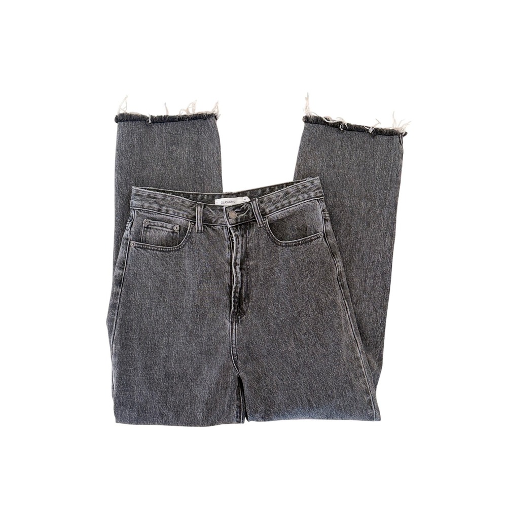 Glassons High Waisted Straight Leg Jeans Faded Black Raw Hem Size 10 Cotton